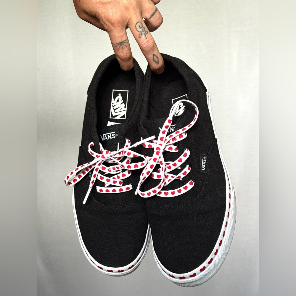 Vans Black Shoes with Red Heart Laces